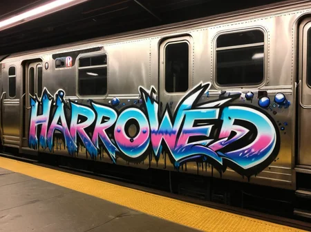 "HARROWED" text logo <lora:Harrlogos_v2.0:0.69> ral-oilspill graffiti thick black outlines, calygraphic wildstyle ral-oilspill bombing, thick lines <lora:ral-oilspill-sdxl:0.48> a new york subway train, standing in the yard in a the dark with rubbish on the floor, at night, dim light