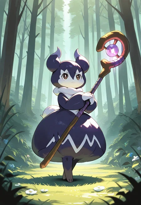 (masterpiece, best quality, high quality, highres), very awa, highres, absurdres,
pokemon, pokemon \(species\), (solo:1.2), full body,
(Indeedee0.65),
(Fern \(Sousou no Frieren\):0.85), upset, holding magic staff, 
fantasy forest meadow background,