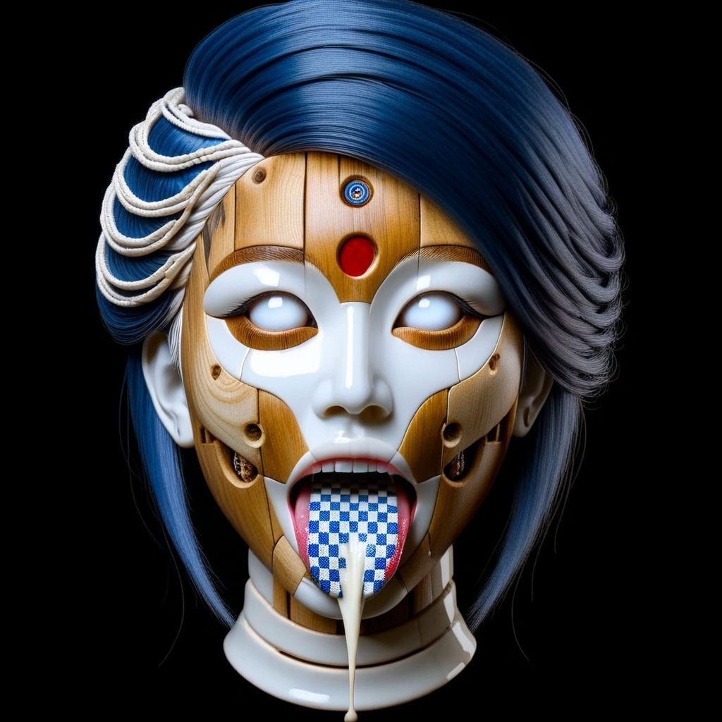 <lora:Kali_Yuga_Kali:1> kali,  indian woman,  white eyes, wooden face,  smile,  tongue out, cum on tongue, black background, simple background, white ceramic face , blue hair,  checkered tongue,