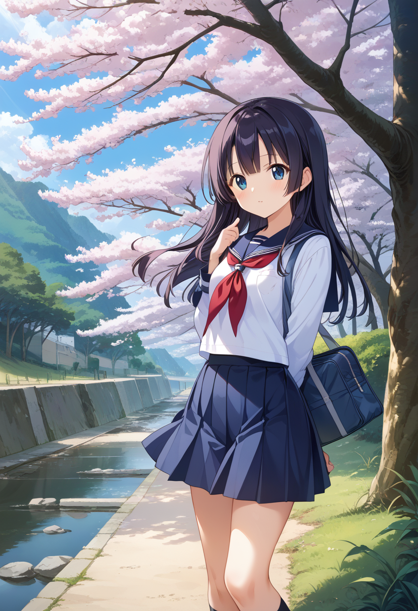score_9, score_8_up, score_7_up, rating_safe, masterpiece, best quality, absurdres, unity 8k wallpaper, official art, official style, source_anime, uncensored, game cg, megami magazine,
syukugawa, tree, outdoors, scenery, cherry blossoms, day, multiple girls, real world location, school uniform, skirt, grass, 
 <lora:syukugawa_PONY_V1:1>