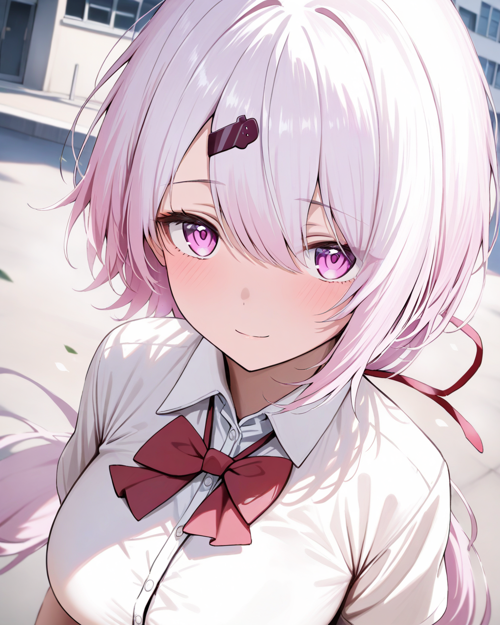 1girl,
ShiinaYuikaNijisanji,
solo, upper body, dutch angle, from above,
low ponytail, hair ribbon, hair ornament,
beautiful eyes, looking at viewer,
light smile,
walking,
short sleeves, red bowtie, collared shirt,
large breasts,
wind, outdoors, school,
depth of field,
<lora:kp_ShiinaYuikaNijisanji1stCostumeAnimagineXL_v1_1:1.0>,
masterpiece, high score, great score, absurdres
