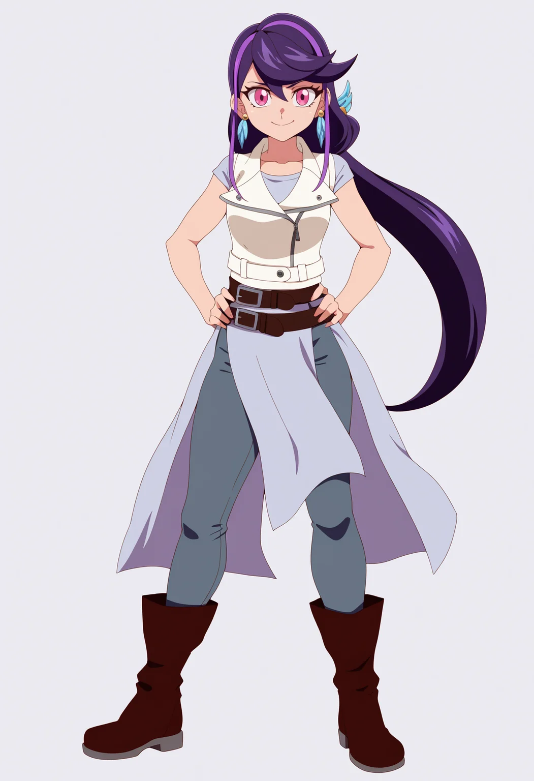 best quality, amazing quality, very aesthetic, absurdres, thick lineart,
1girl, luluobsidian, purple hair, long hair, two-tone hair, pink eyes, hair ornament,
earrings, low ponytail,
vest, boots, belt, pants,
standing, full body, hands on hips,
smile, solo, looking at viewer, (simple background, white background:1.3),  <lora:LuluObsidianNoobXL_byKonan:1>