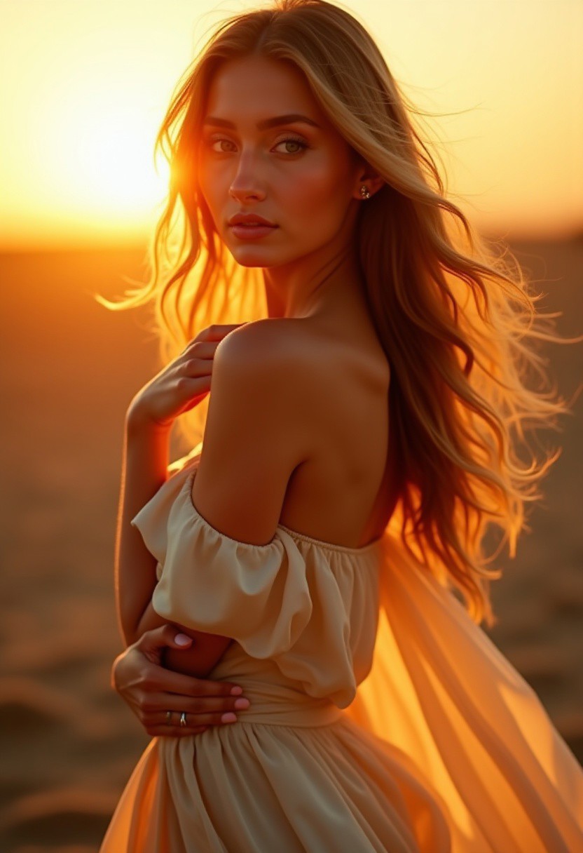 A breathtakingly beautiful woman standing under the golden glow of a sunset, her presence exuding an almost magical allure. She wears a flowing, silk dress that hugs her figure in all the right places, shimmering with subtle reflections of the fading sunlight. The fabric dances gently in the wind, enhancing her graceful movements as she turns slightly, gazing softly into the distance. Her long, wavy hair cascades down her back, glowing like molten gold, while a few loose strands frame her flawless, delicate face.
The camera captures her from a slightly above, angled perspective, as though she’s being admired from a high viewpoint, emphasizing her elegance and poise. Her eyes, a deep shade of blue, shine with warmth and mystery, drawing anyone who looks into them deeper. Her lips are soft and inviting, a subtle rosy pink, and her skin glows with a radiant, natural beauty. Her fingers, adorned with delicate rings, rest gently on her collarbone, adding to the gracefulness of the pose.
Soft, golden light from the setting sun illuminates her figure, casting a warm glow that blends seamlessly with the hues of the sky. In the background, rolling hills and distant mountains bathe in the light of dusk, giving the entire scene a dreamlike quality. Everything about her presence exudes charm, elegance, and a captivating sense of calm. Her pose is relaxed yet full of allure, and the subtle smile on her lips makes it impossible not to fall in love with her.