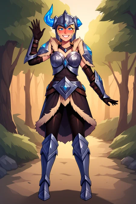 score_9, score_8_up, score_7_up, score_6_up, BREAK, SejuaniLoLXL, blue eyes, blonde hair, short hair, horned helmet, medium breasts, fur trim, armor, black bodysuit, shoulder armor, breastplate, guantlets, black elbow gloves, skirt, black pants, greaves, armored boots, solo, full body, standing, waving, seductive smile, looking at viewer, naughty face, nose blush, forest <lora:SejuaniLoLXL:0.9>