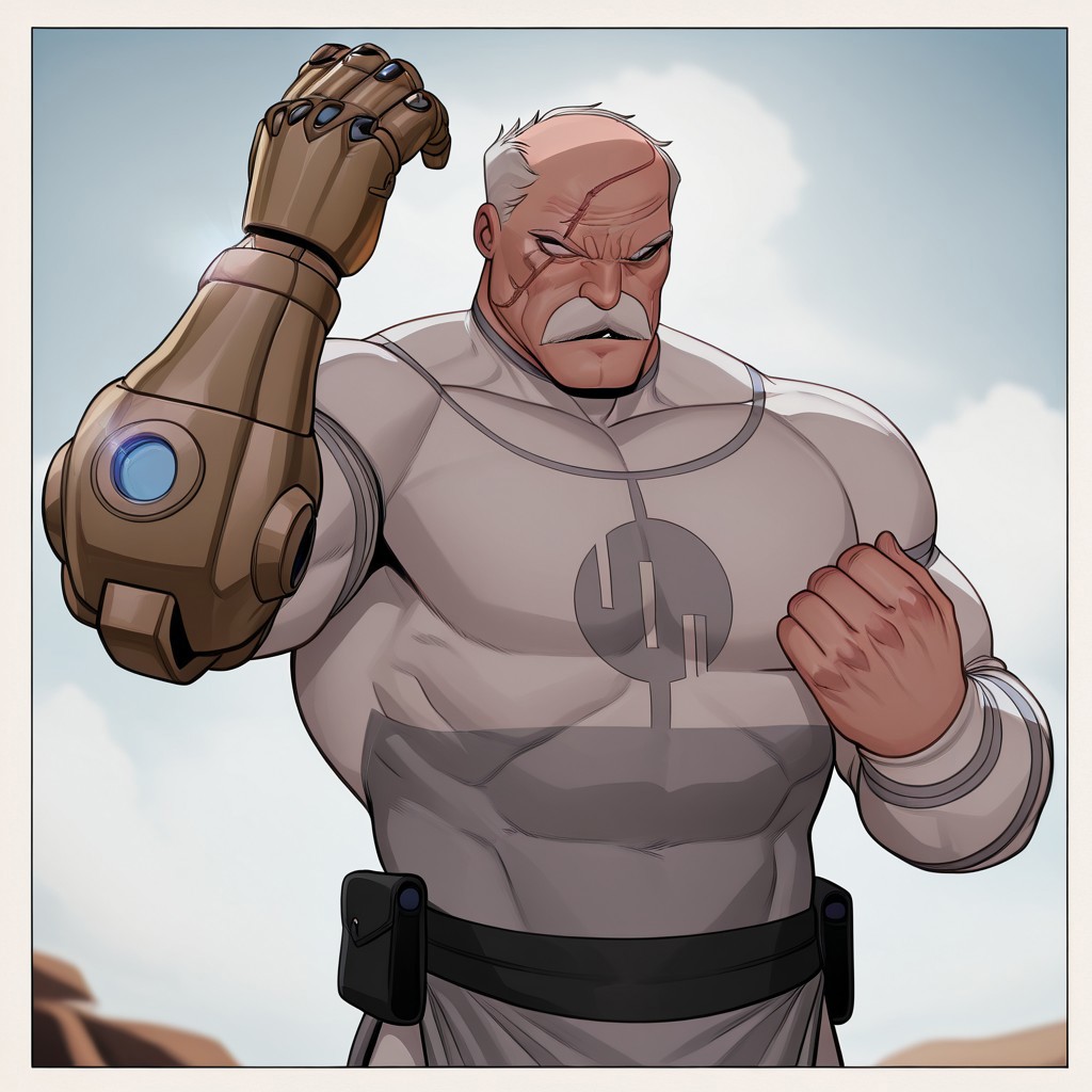 masterpiece, best quality, newest, absurdres, highres, cherry-gig,
1boy, Conquest-ISV-V1.0 old man, white hair, mustache, facial hair, scar, blind eye, single mechanical arm,