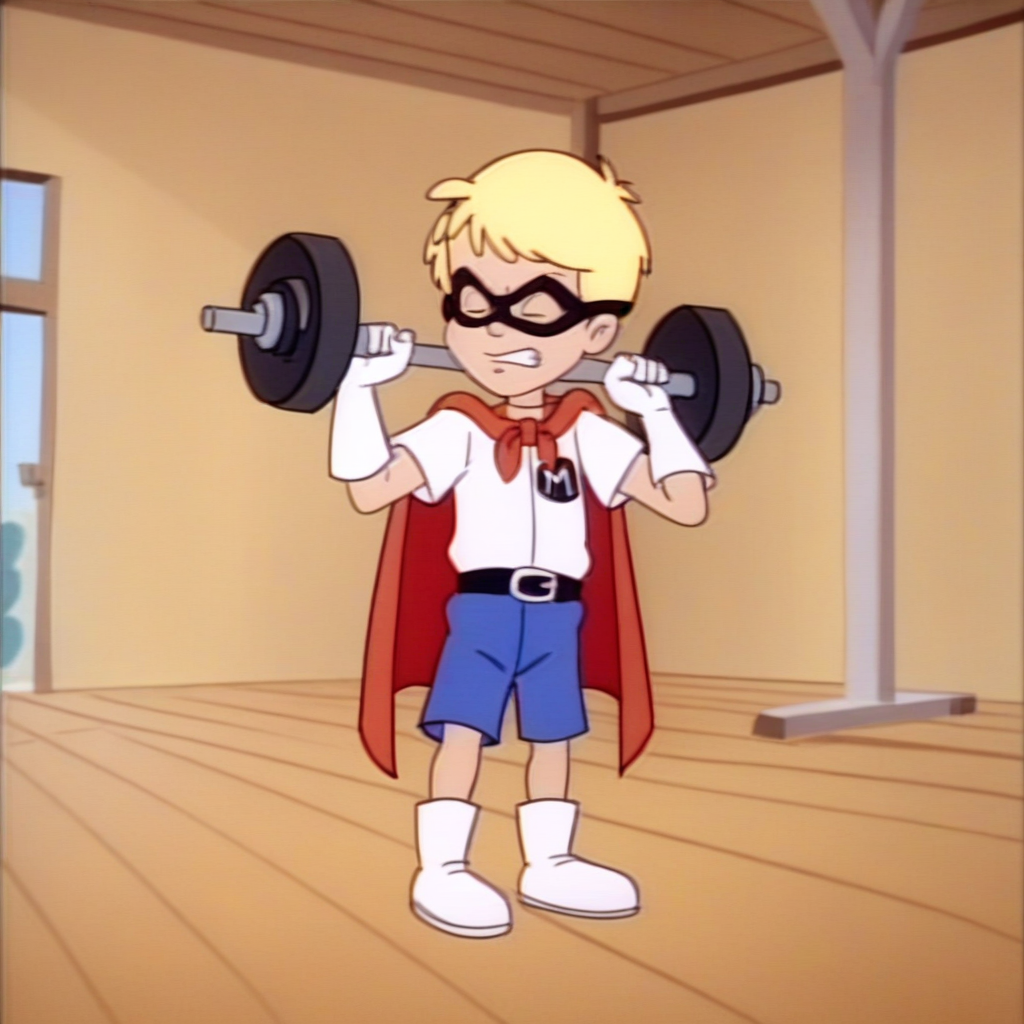 score_9_up, score_8_up, BREAK, maxsmith, 1boy, solo, human, male focus, male child, closed eyes, angry teeth, blonde hair, red cape, blue shorts, white boots, black superhero mask, black belt, white superhero shirt, white gloves, lifting barbell, gym, retro, accurate anatomy, <lora:Max_Smith_My_Pet_Monster:1>,