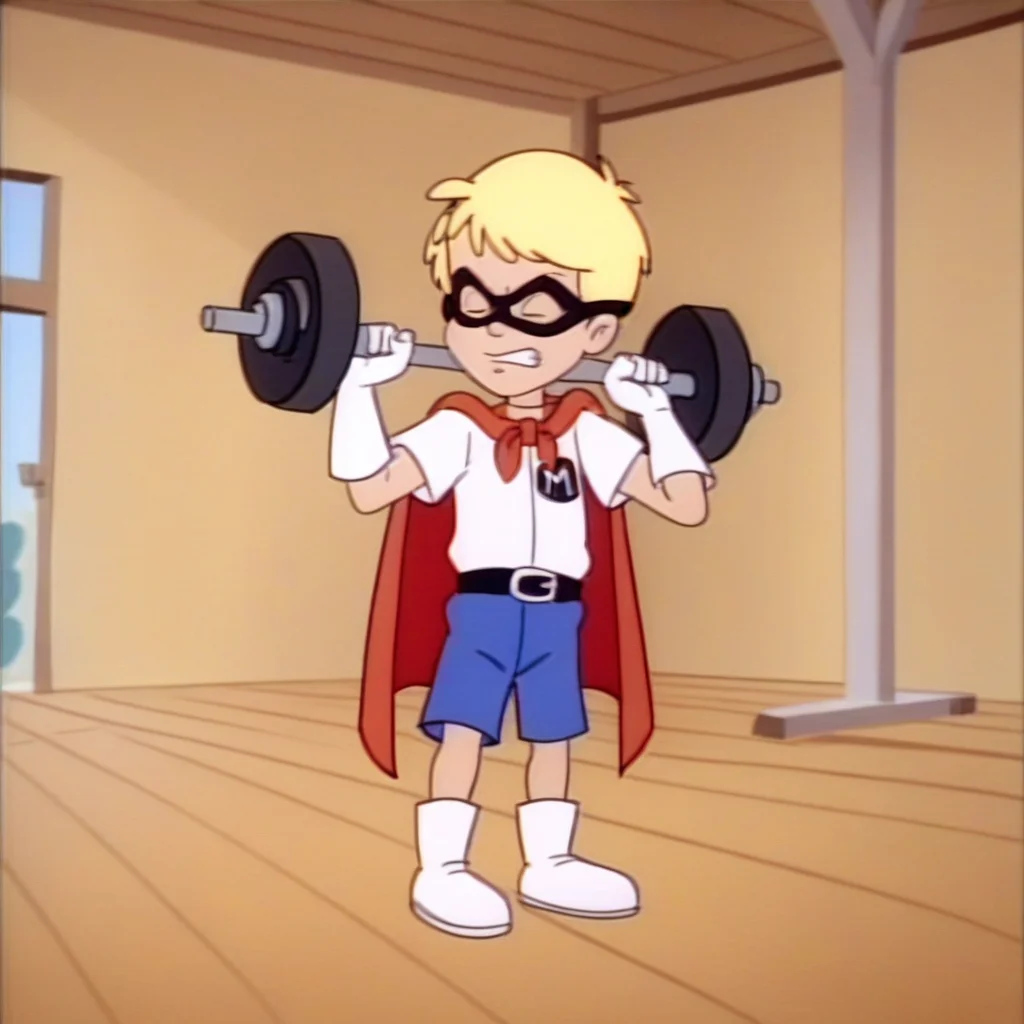 score_9_up, score_8_up, BREAK, maxsmith, 1boy, solo, human, male focus, male child, closed eyes, angry teeth, blonde hair, red cape, blue shorts, white boots, black superhero mask, black belt, white superhero shirt, white gloves, lifting barbell, gym, retro, accurate anatomy, <lora:Max_Smith_My_Pet_Monster:1>,