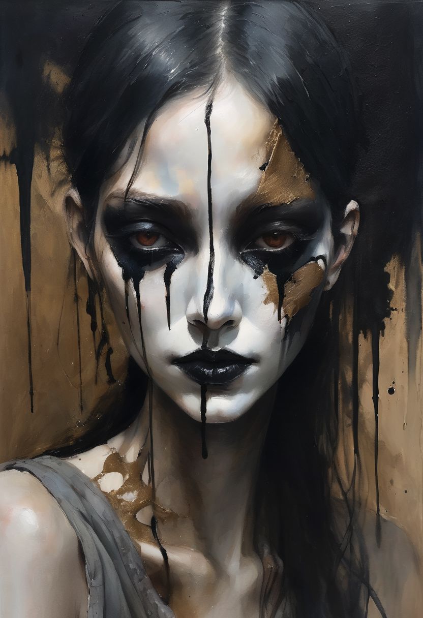 Scumbling painting of a woman with black makeup on her face, no eyes, roughly painted skin, messy paint strokes, by Bastien L. Deharme, gothic art, style of Ashley Wood, bronze and black metal, Sakimichan Frank Franzzeta, beautiful portrait of hopelessness, Ruan Jia and Joao Ruas, watercolors and oil on canvas.