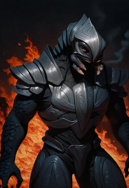 masterpiece, best quality, hires, absurdres, newest, realistic, male focus, 1boy, <lora:arbiter-halo-richy-v1_ixl:1> arbiter, mandibles, helmet, grey armor, shoulder armor, black skin, 4 fingers, shouting, outdoors, burning horizon, flames, ash, smoke, dark, dark theme, orange eyes