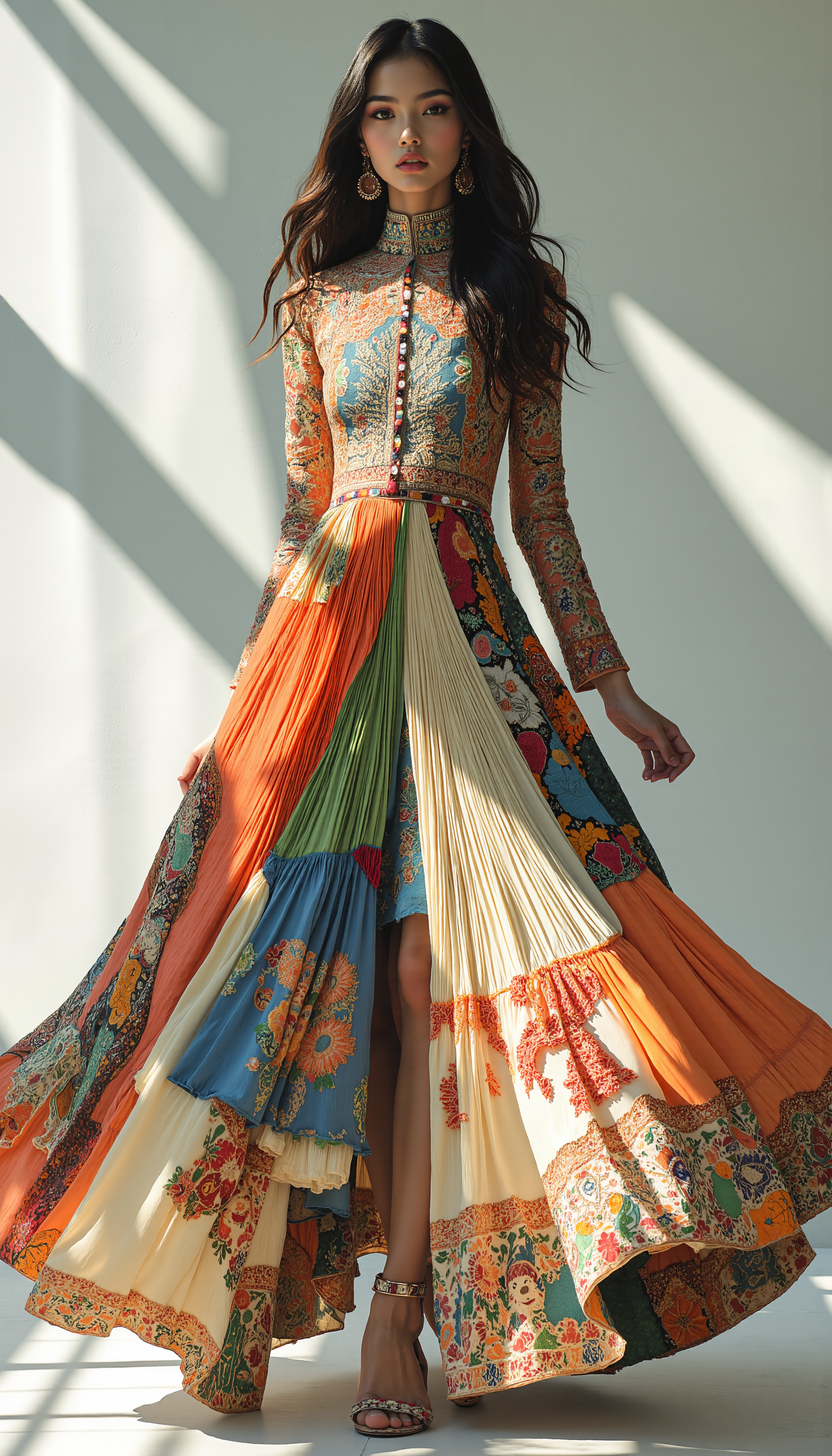 A fashion-forward model in a stylish, flowing dress, embodying a fusion of traditional elegance and contemporary design. The dress features intricate patterns with a blend of vibrant colors and subtle pastels, creating a dynamic contrast. The modelâs pose is powerful yet refined, with a chic, minimalist backdrop highlighting the sophistication of the look. The interplay of light and shadow emphasizes the textures and movement of the fabric, enhancing the overall visual impact, midjourney_whisper_avant_couture, <lora:midjourney_whisper_avant_couture_v01:1>,