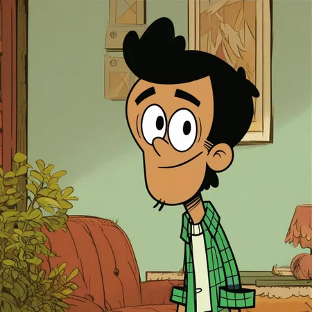 score_9_up, score_8_up, score_7_up, high quality, detailed, 1boy, source_cartoon, Bobby Santiago, male, solo male, human, broad shoulders, black eyes, cartoon style, short black hair, tan skin, slim, athletic build, skinny, stubble, green flannel shirt, white shirt, blue jeans, smiling, looking at viewer, bust shot, living room