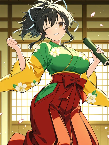masterpiece, best quality, amazing quality, artist:[diyokama|say hana|lam]
(solo:1.4), Asuka_IL, brown eyes, black hair, ponytail, white hair ribbon, large breasts
official anime artwork, screencap, anime screencap, indoors, light smile, looking at viewer, dynamic pose, japanese clothes, green kimono, yellow sleeves, wide sleeves, red skirt, red hakama, floral print, holding scroll, light particles, petals, one eye closed, parted lips, flying scrolls
<lora:SK_Asuka_IL:0.8>