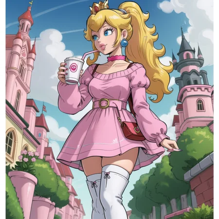 masterpiece, best quality, 4k, high res, detailed, <lora:PrincessPeach2B:0.7>, detailed background, beautiful blue eyes, CARTOON, ANIME, CARTOON ART STYLE, 1girl, solo, long hair, smile, blue eyes, blonde hair, thighhighs, long sleeves, holding, jewelry, standing, full body, ponytail, earrings, boots, alternate costume, choker, bag, nail polish, sweater, cup, lips, sleeves past wrists, looking to the side, thigh boots, looking away, crown, clothes writing, pink nails, drinking straw, pink lips, pink footwear, disposable cup, pink thighhighs, pink choker, coffee cup, princess peach, puckered lips, wide hips, outside, city, detailed background, street, buildings,