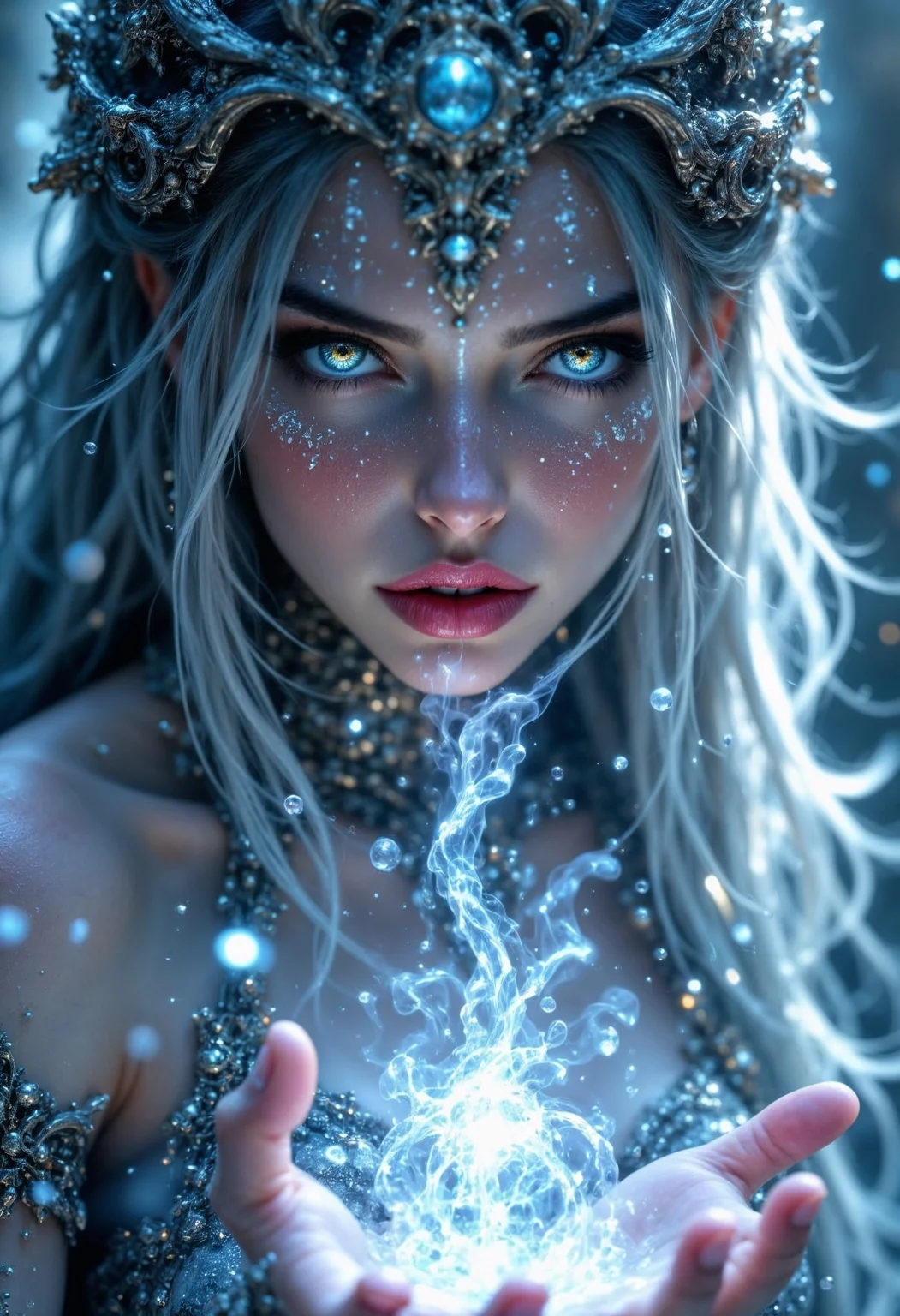 Face close up, gorgeous perfect eyes, highly detailed eyes, glossy lips. In a frigid, enchanted forest, a frost enchantress moves gracefully through the frozen landscape. Her skin shimmers like ice, and her long, silvery-blue hair trails behind her like a frozen river. She wears a gown made of frost and icicles that glimmer in the faint moonlight. In her hands, she conjures a swirling snowstorm that seems to have a life of its own. The atmosphere is cold, eerie, and ethereal, with snowflakes gently falling, captured in a soft focus, highlighting the intricate details of her icy magic. (maximum ultra high definition image quality and rendering:3), maximum image detail, maximum realistic render, (((ultra realist style))), realist side lighting, , 8K high definition, realist soft lighting, (amazing special effect:3.5) <lora:aidmaFLUXpro1.1:1> aidmafluxpro1.1 <lora:FluxMythP0rtr4itStyle:0.7> mythp0rt