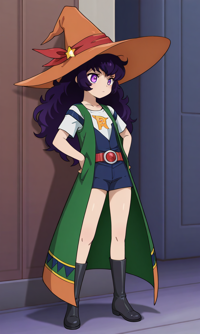 1girl, solo, rovian, purple hair, long hair, purple eyes,witch hat, star hat ornament, red hat ribbon, white t-shirt, blue overalls, green coat, red belt, black boots,
, masterpiece,best quality,amazing quality,very aesthetic,absurdres,newest,