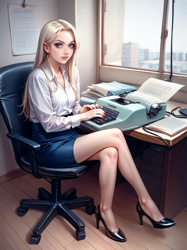 score_9, score_8_up, score_7_up, source_anime, BREAK

an office building in the 1950s,

a young woman sits at a desk,

electric typewriter, (typing:1.2), cable, papers, Crossed Legs, sexy High Heels, nail polish