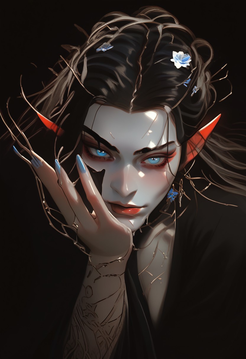 score_9, score_8_up, score_7_up,
1 girl, solo,
elf woman, beautiful, delicate,
black hair, slicked hair, large breasts,
pale skin, milky skin,
light blue eyes, looking at viewer,
petite body, dark elvish make-up,
dark blue intricate dress,
dynamic pose, sexy posing,
fantasy, elvish style,