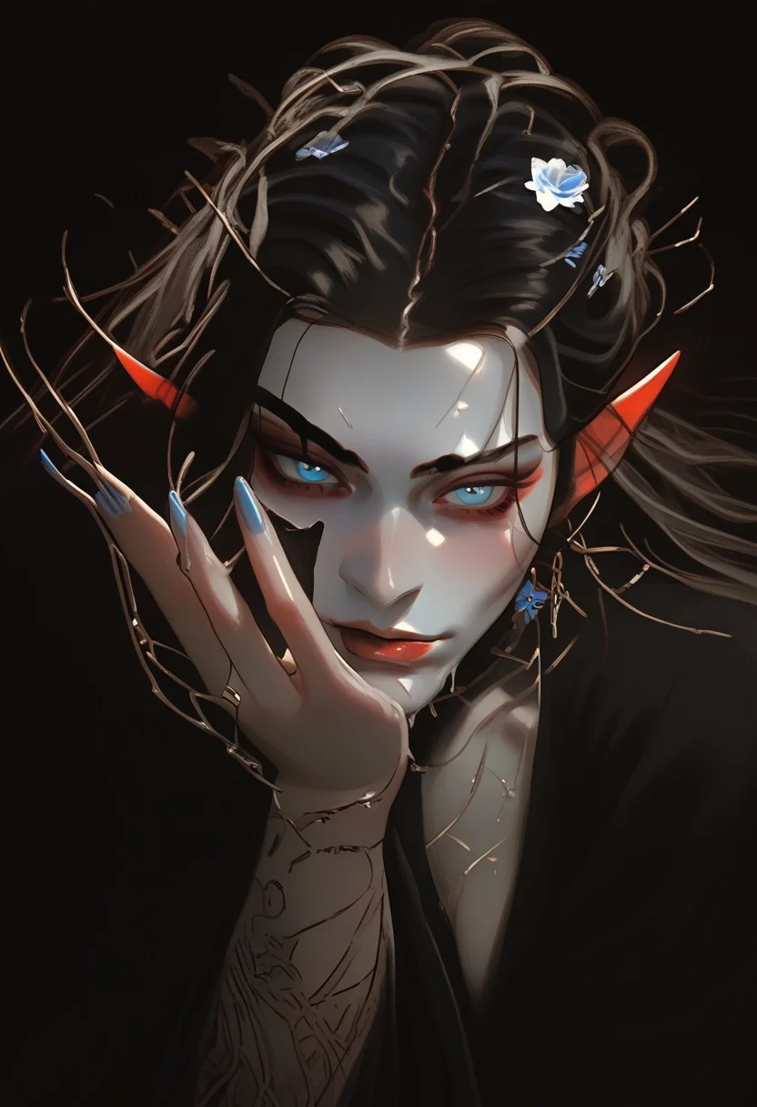 score_9, score_8_up, score_7_up,
1 girl, solo,
elf woman, beautiful, delicate,
black hair, slicked hair, large breasts,
pale skin, milky skin,
light blue eyes, looking at viewer,
petite body, dark elvish make-up,
dark blue intricate dress,
dynamic pose, sexy posing,
fantasy, elvish style,