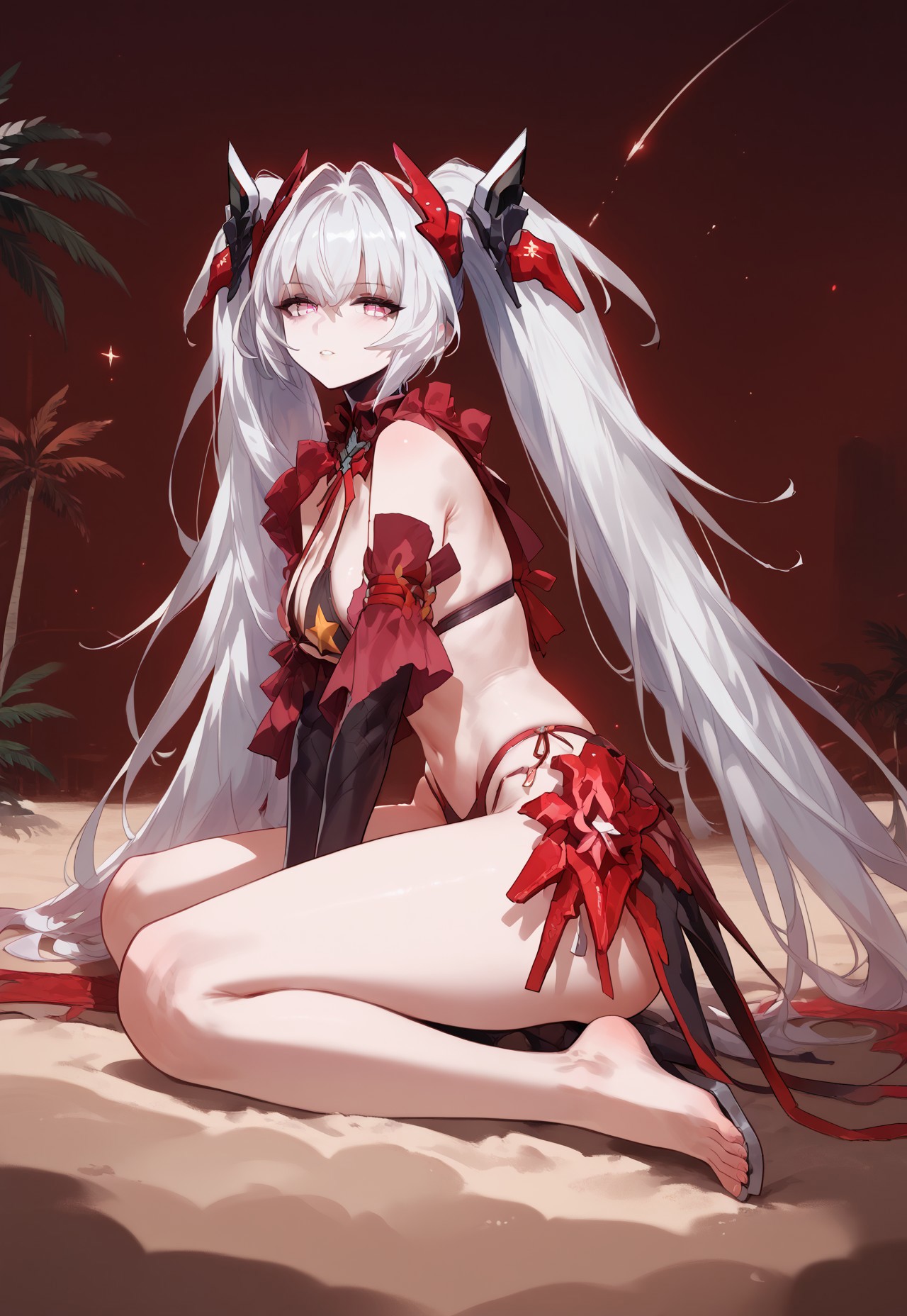 safe_pos, zPDXL3, score_9_up, score_8_up, score_7_up, (Anime_source), 1girl, Oblivion, pink eyes, star-shaped iris, white hair, long hair, twin tails, half wing, mechanical wing, looking at viewer, parted lips, from side, palm trees, light blush, sitting on sand (bikini), dark red theme