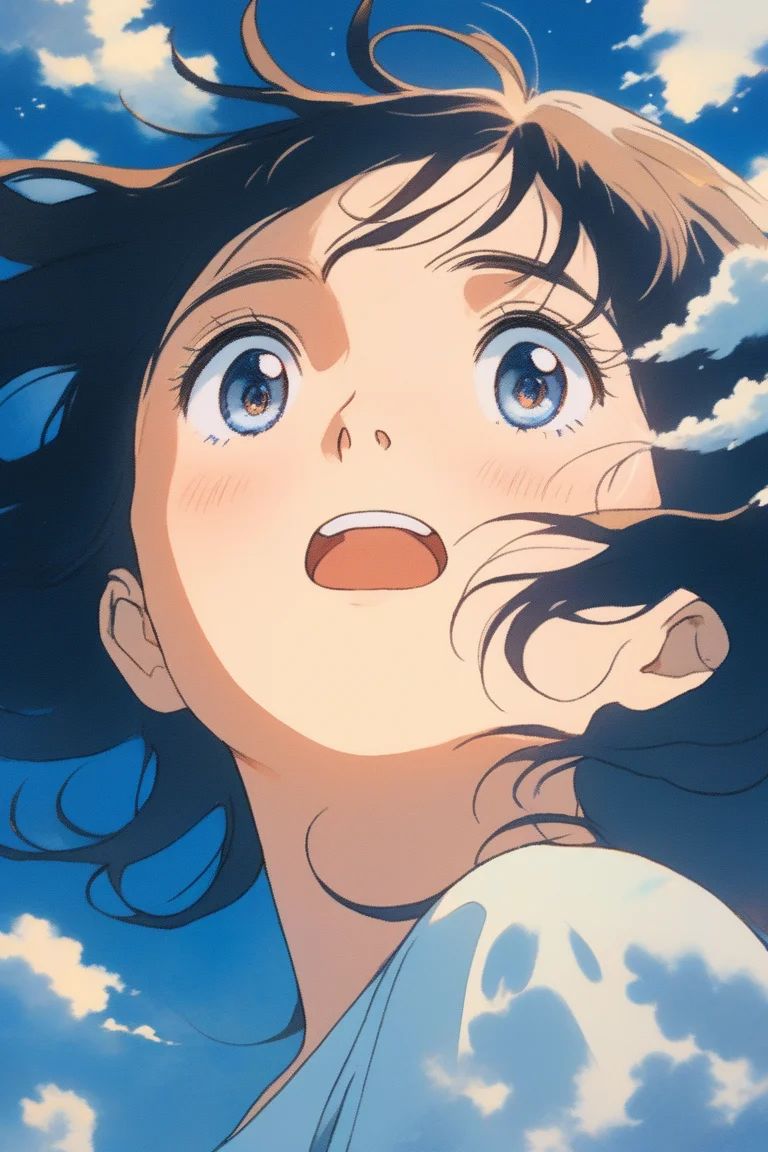 portrait art style, ghibli, a girl looking up at the sky, realistic depiction of intense emotions, artistic portrait style, contrasting colors, beautiful eyes, (masterpiece,best quality)