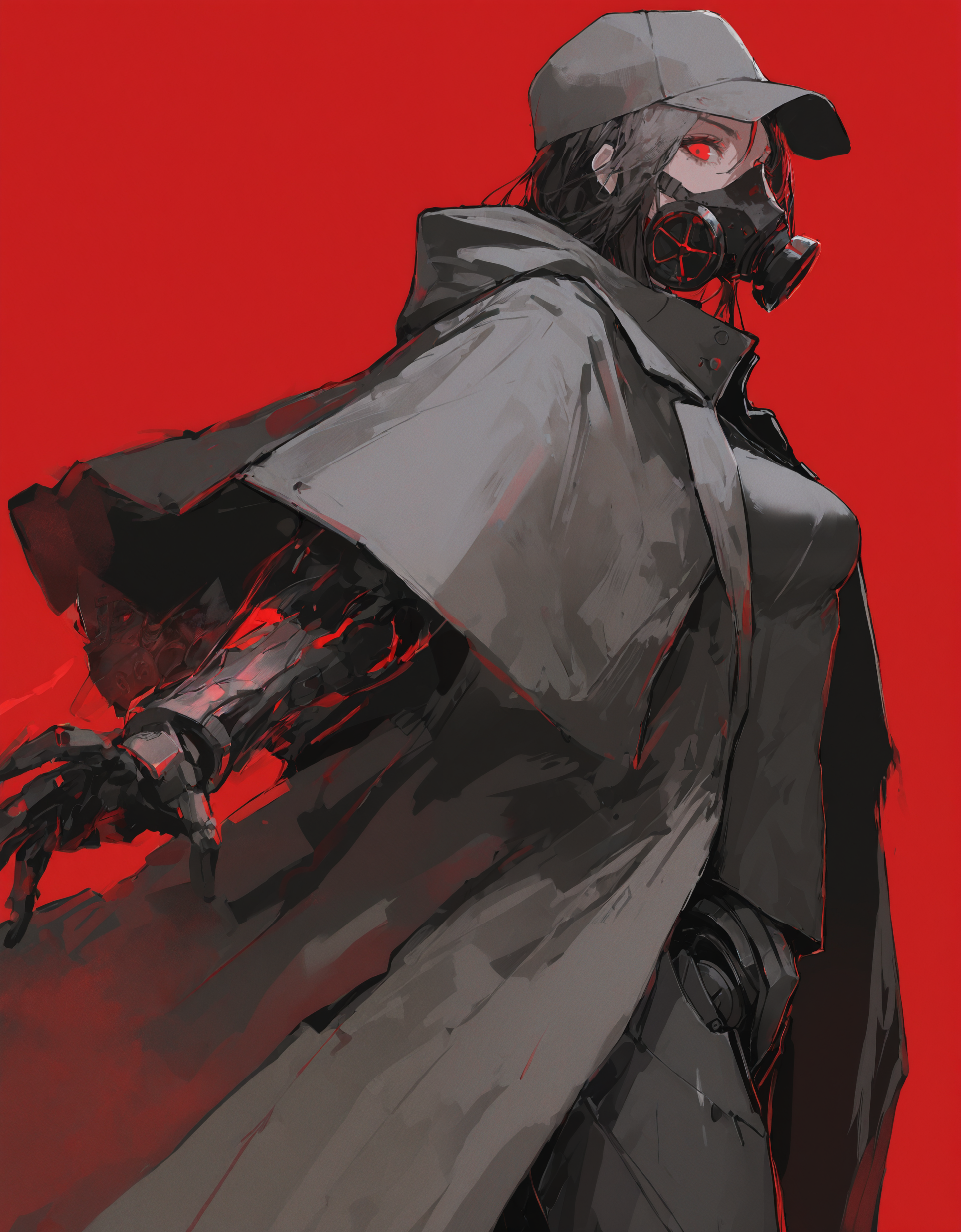 masterpiece, best quality, absurdres,  <lora:69yottea_illu_v2:1>,69yotte4_illu,1girl, solo, red background, red eyes, mask, hat, simple background, gas mask, simple background, douli, coat, side view, cowboy shot, looking at viewer, combat, grey jacket, hood, cybernetic joints, mechanical arm, breasts