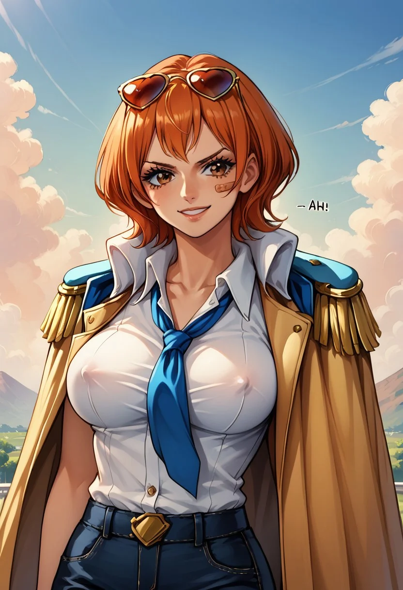 IsukaOP, 1girl, solo, short hair, orange hair, vermilion hair, brown eyes, band aid on her left cheek, lips, large breast, eyewear on head, sunglasses, collared shirt, buttoned shirt, white shirt, blue tie, brown gloves, shorts, heeled boots, coat on shoulders, wide hips, shirt neckline, band aids, bandages, scars, burn scar on hand, epaulettes, weapon, sword,
seductive pose, sexy pose, tease, in the spotlight,,
smile, jojo reference,
score_9, score_8_up, score_7_up, beautiful aesthetic, very intricate, high quality details,vibrant, highly detailed, award-winning, professional,anime artwork, anime style, studio anime, athletic, curvy body, athletic girl, perky tits,large breast,perfect tits, round breasts, nipple outline,looking at viewer, pinup pose,teasing, dynamic lighting, cinematic, smug, better than you, aura of temptation, highly detailed, high resolution, masterpiece, detailed clothes, detailed background, highly detailed, ((sound effects)) comic layout,
