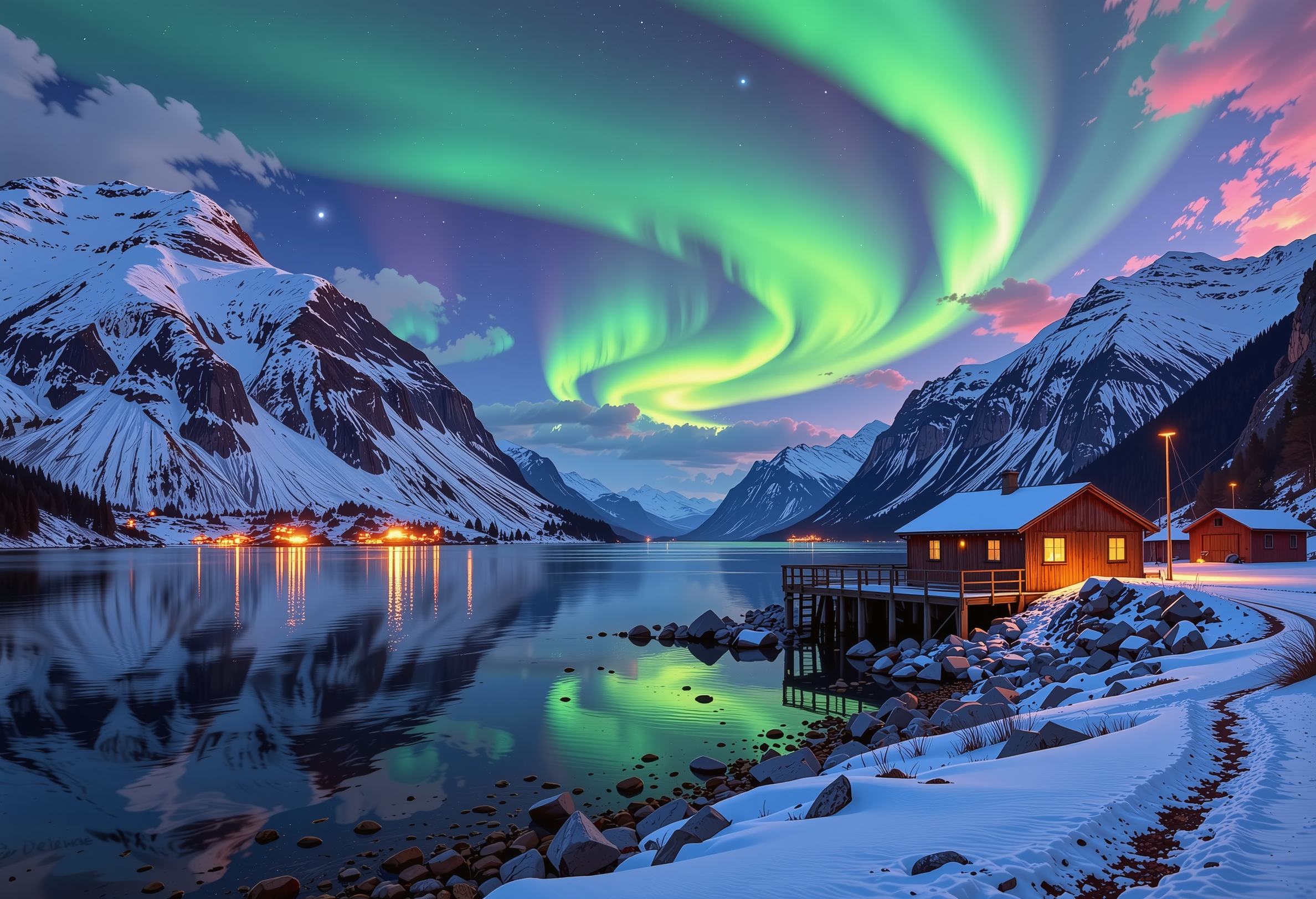 A serene Norwegian fjord bathes in the soft luminescence of winter night, snow-clad backdrop of towering fjord peaks that rise majestically towards the sky. The surrounding landscape is set ablaze by an ethereal display of green hues from the aurora borealis, which dances across the celestial canvas in a swirling ballet of light and color. The air is heavy with an expectant quiet, as if time itself has paused to allow the gentle light from the stars flickering to dance upon the rippling waters, where a mirrored sheen reflects the beauty above. In this fleeting instant, all that exists is a poignant portrayal of the enchanting serenity of Nordic winter nights, where the undulating shadows cast by the aurora mingle with the soft ambient luminescence, as if bound together by an unseen thread of time., ultra-detailed, hyper-detailed, ambient lighting, volumetric lighting, (masterpiece), (Amazing quality), (phenomenal aesthetic), cinematic moment, 8K<lora:FLUX_Ghibsky_Illustrations.safetensors:0.8:1.0>