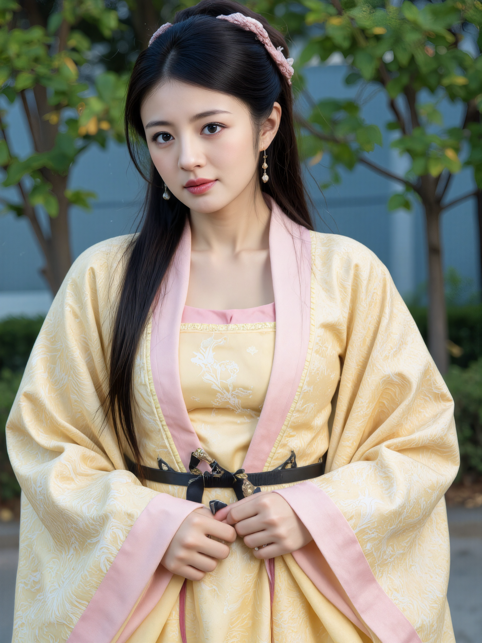 This is a high-resolution, medium-shot photograph of a young Asian woman with fair skin and straight black hair styled in an elegant updo, adorned with a pink hair accessory. She has a delicate, symmetrical face with a small nose and full lips, and is wearing subtle makeup that enhances her natural features.

She is dressed in a traditional Chinese outfit featuring a yellow dress with a pink collar and a matching pink scarf. A slim black belt wraps around her waist, adding definition and contrast to the outfit. The image captures her from the waist up, clearly showing her posture, facial expression, and clothing details.

The background is softly blurred with green and blue hues, suggesting an outdoor setting with trees and foliage. The lighting is soft and even, highlighting her face and upper body. The composition follows the rule of thirds, with her face positioned in the upper third of the frame, drawing attention to her serene and graceful appearance.

