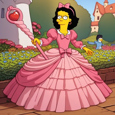 score_9, score_8_up, score_7_up, score_6_up, score_5_up, score_4_up, garden, castle garden, g1na v3ndetti, multicolored hair, black hair, pink hair, two-tone hair, solo, 1 girl, simpsons, pink hairband with bow, huge pink rococo princess ball gown hoop skirt, huge pannier skirt, ball gown hoop skirt, pink princess dress, hoopdress, my big princess gypsy wedding dress, ballgown, Ba11g0wn, puffy sleeves, long sleeves, a girl in a dress posing for a picture, looking at viewer and smiling, holding a magical staff in hand,