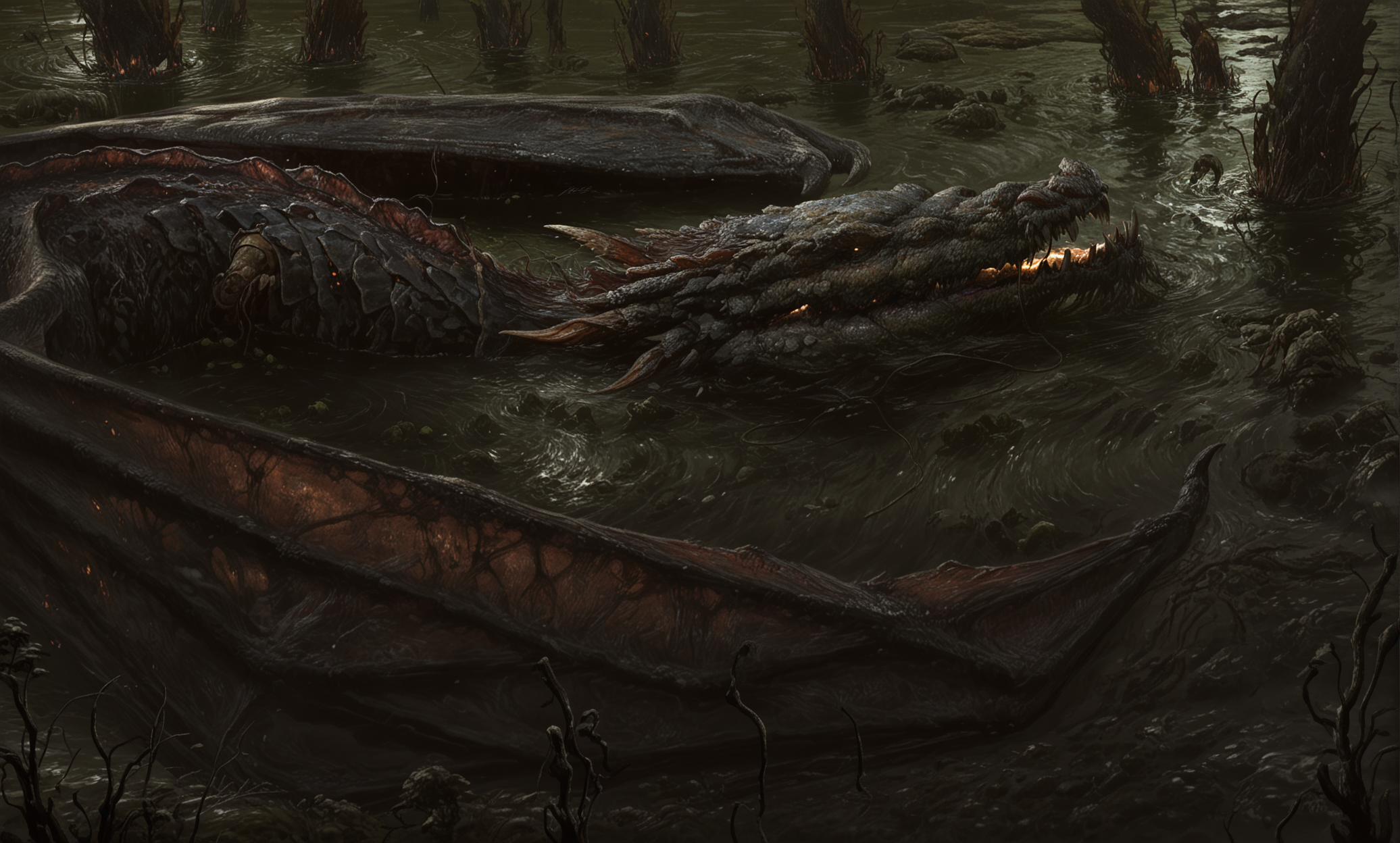 best quality,masterpiece,absurdres,newest,
<lora:ATNR_V1.1_Lokr_f4_warmup_stable_decay-000022:0.9>,
(atnr),
An immense, ancient dragon of poison and decay perches menacingly atop a crumbling, moss-covered peak overlooking a vast, murky swamp that bubbles with toxic effluence under a sickly green sky. Its scales are a mosaic of bruised purples, necrotic blacks, and algae greens, flaking away in places to reveal diseased flesh beneath. Tattered, membranous wings, veined with dark decay, cast long, ominous shadows. From its maw drips viscous, phosphorescent ichor, and its breath hangs in the air as a visible, corrosive miasma. Below, dwarfed by the dragon's sheer scale, a small band of desperate adventurers, clad in protective gear, cautiously navigates the treacherous, fungus-choked terrain littered with the corroded remains of past intruders and tarnished, half-submerged treasures. The atmosphere is heavy with dread, decay, and the stench of corruption. Epic fantasy art, cinematic lighting highlighting the toxic glow and deep shadows, highly detailed, atmospheric perspective.
