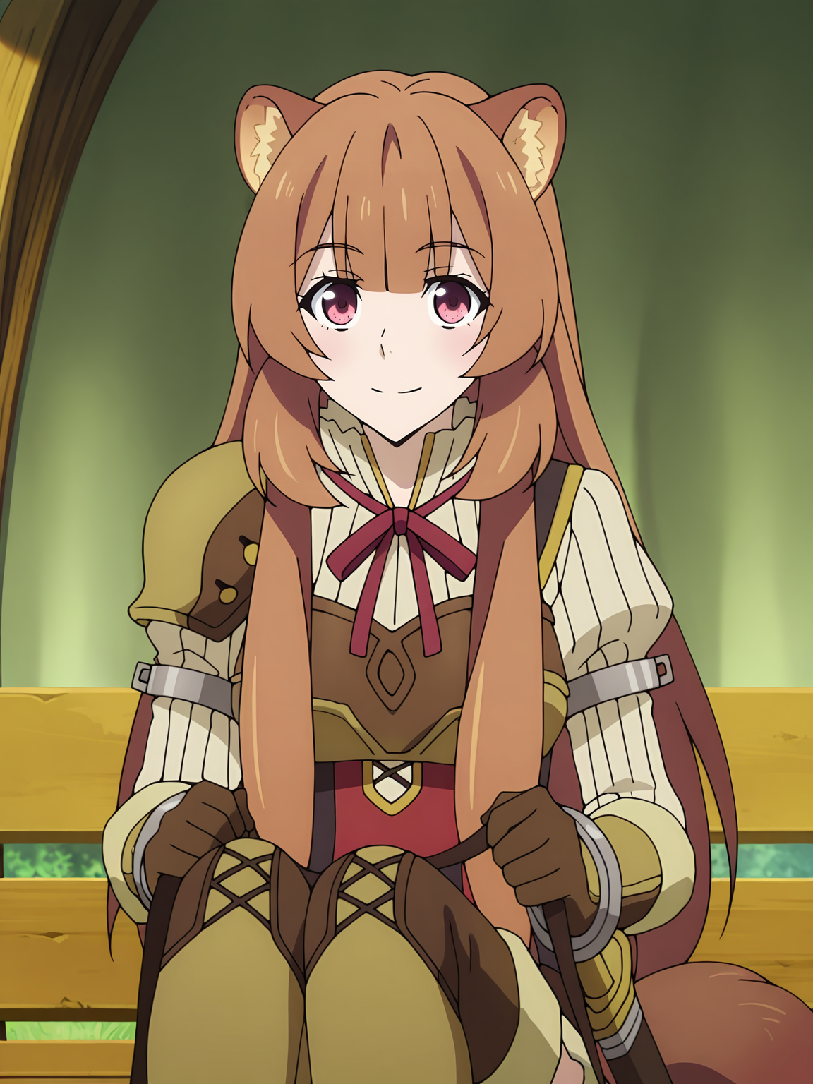 <lora:Raphtalia:0.8>, raphtalia, tate no yuusha no nariagari, 1girl, solo, red eyes, long brown hair, twintails, raccoon ears, raccoon tail, white pleated shirt, long puffy sleeves, red ribbon, red dress, metal armlet, thigh leather boots, asymmetrical leather pauldrons, elbow leather gloves, leather breastplate, metal bracelets, brown belt, sheathed sword, smile, closed mouth, split mouth, sitting on carriage, holding reins, knees up, legs together, upper body, looking at viewer, outdoors