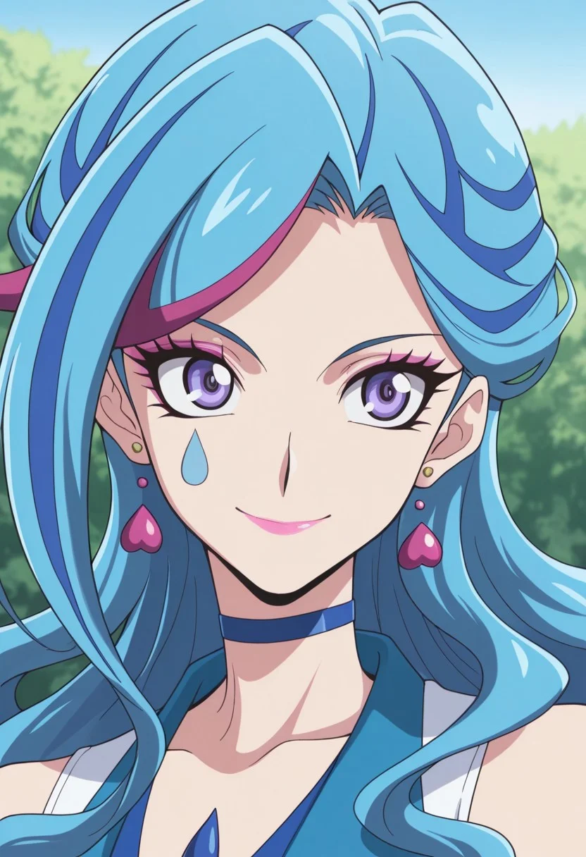 masterpiece,best quality,amazing quality, source_anime, 
AoiZaizen,1girl, solo, blue maiden outfit, makeup, lipstick, purple eyes, blue hair, multicolored hair, long hair, choker, teardrop tattoo, earring, heart earrings, dress, multicolored dress, sleeveless,  smile, portrait,
outdoor,