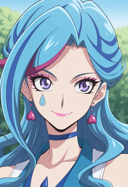 masterpiece,best quality,amazing quality, source_anime,
AoiZaizen,1girl, solo, blue maiden outfit, makeup, lipstick, purple eyes, blue hair, multicolored hair, long hair, choker, teardrop tattoo, earring, heart earrings, dress, multicolored dress, sleeveless, smile, portrait,
outdoor,