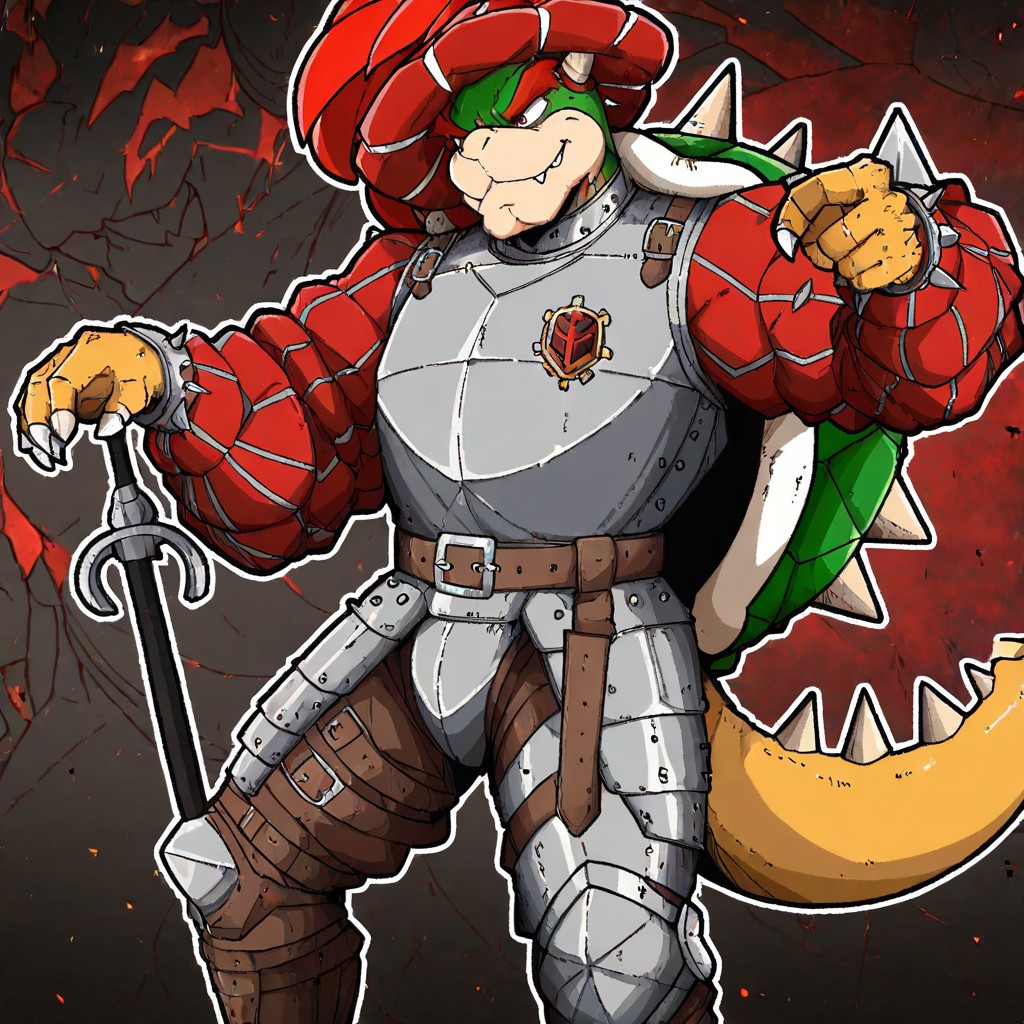 masterpiece, best quality, newest, absurdres, highres, mark_gavatino, mark gavatino style,
LKAV1.0, landsknecht, armor, belt, breastplate, chaperon hat, faulds, asymmetrical legwear, asymmetrical armor, puffy sleeves, puffy pants,
1boy, bowser, spikes, spiked shell, spiked tail, spikes, turtle shell, horns,