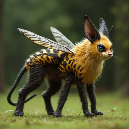 a hyper-realistic image of a bee and lynx hybrid creature. The creature should have the body of a sleek lynx, with its distinctive tufted ears and agile build, but its fur is patterned with black and yellow stripes like a bee. The creature has large, translucent wings similar to those of a bee, emerging from its back. Its face is a blend of feline and insect features, with sharp eyes, antennae, and a small set of mandibles. The background is a natural setting, possibly a forest or meadow, where this hybrid creature blends in yet stands out with its unique characteristics. The overall scene is both intriguing and slightly surreal, capturing the essence of both animals in one harmonious being,The overall photo atmosphere is rich with realism, making the guardian appear as if it could step out of the frame and into the real world.