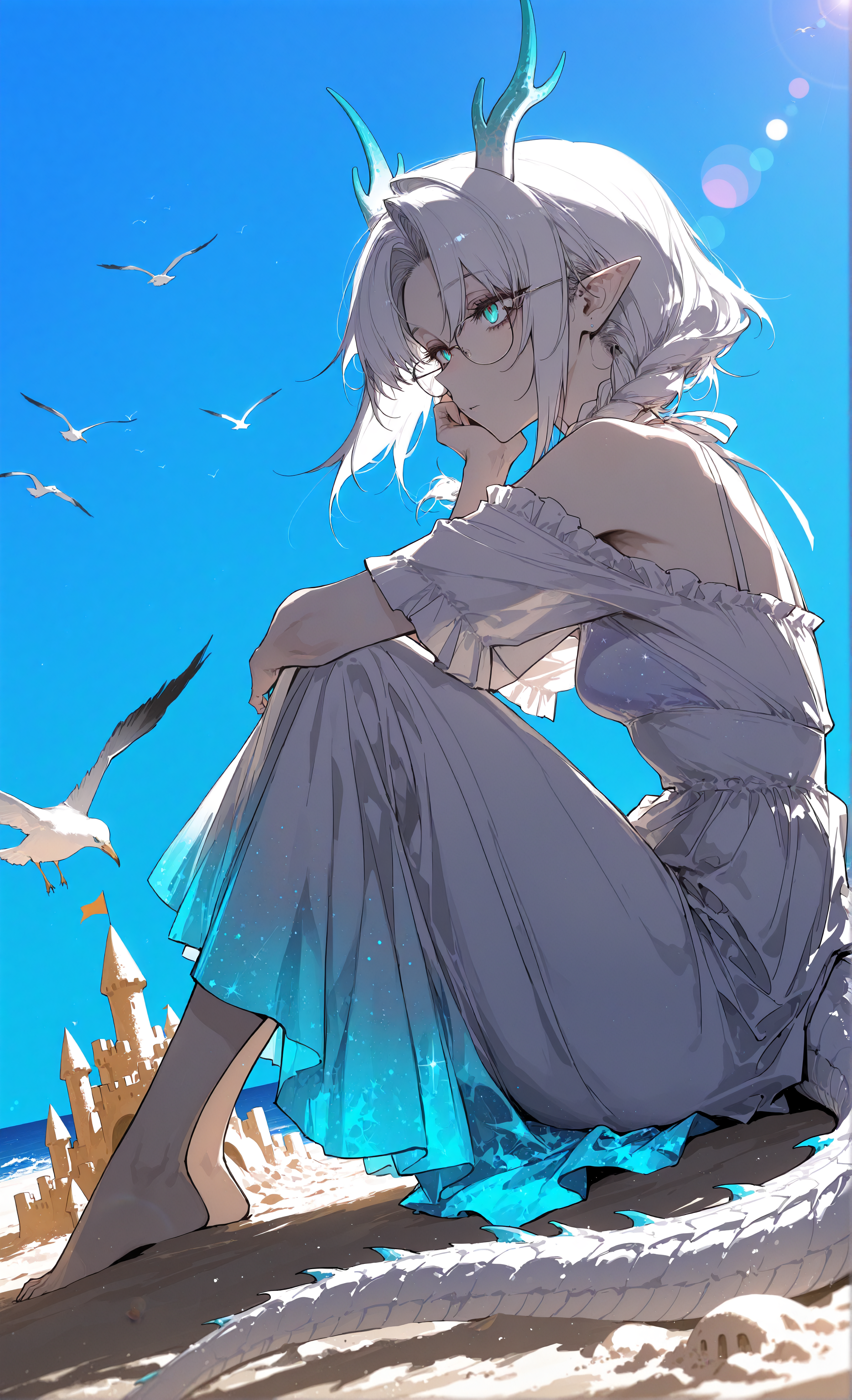 masterpiece, sharp detail, intricate detail, 1girl, (j.k., rella, konya karasue), floating hair, mature female, dragon girl, white dragon tail, white dragon horns, white hair, black tips, medium hair, curtained hair, side braid, glasses, pointy ears, aqua eyes, small breasts, ink art, summer dress, bare shoulders, short sleeves, off shoulder, white dress, starry print on dress, gradient dress, from side, bare foot, sand, ocean, seagulls, lens flare, color splash, neon palette, sitting on sand, head rest, holding own knees, blue background, gradient background, off-shoulder dress, huge sand castle, chiaroscuro, volumetric lighting, dappled light, dramatic shadows, cinematic lighting, detailed background, light and shadow contrast, <lora:aboba_prime_3:0.8>
