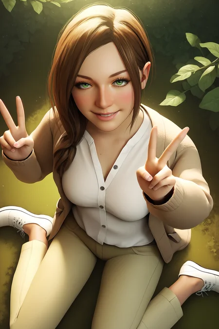 score_9, score_8_up, score_7_up, score_6_up, BREAK, MiaWintersRE7PXL, green eyes, brown hair, long hair, medium breasts, realistic, open jacket, jacket, white shirt, pants, white shoes, solo, sitting, above view, peace sign, seductive smile, looking at viewer, naughty face, nose blush, forest <lora:MiaWintersRE7PXL:1>