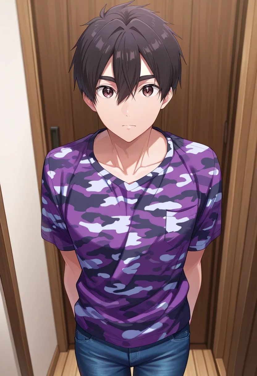 masterpiece, best quality, , , looking at viewer, 1boy, solo, male focus, <lora:rentarou_aijou_ilxl:0.96>, rentarou_aijou, black hair, brown eyes, short hair, hair between eyes, bangs, , Carpenter jeans, RoyalPurple Camouflage shirt, , ,