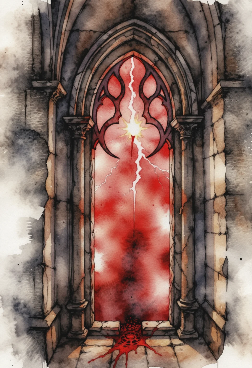 Semi-realistic stylized comic watercolor illustration showing a bottomless hole with arcs of crimson lightning sparking between gothic windows along its ancient walls. An ancient evil awaiting at the end. With an intense glow strengthening the grim scenery; cel shading, stylized, digital concept art, perfect composition    <lora:dmd2_sdxl_4step_lora>
