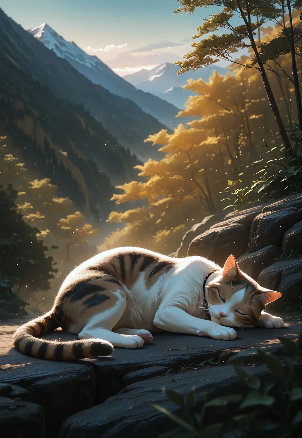 realistic, solo, cat, cute, sleeping, light_particles, nature, mountain, depth of field, the best quality, amazing quality, high quality, masterpiece,