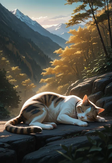 realistic, solo, cat, cute, sleeping, light_particles, nature, mountain, depth of field, the best quality, amazing quality, high quality, masterpiece,