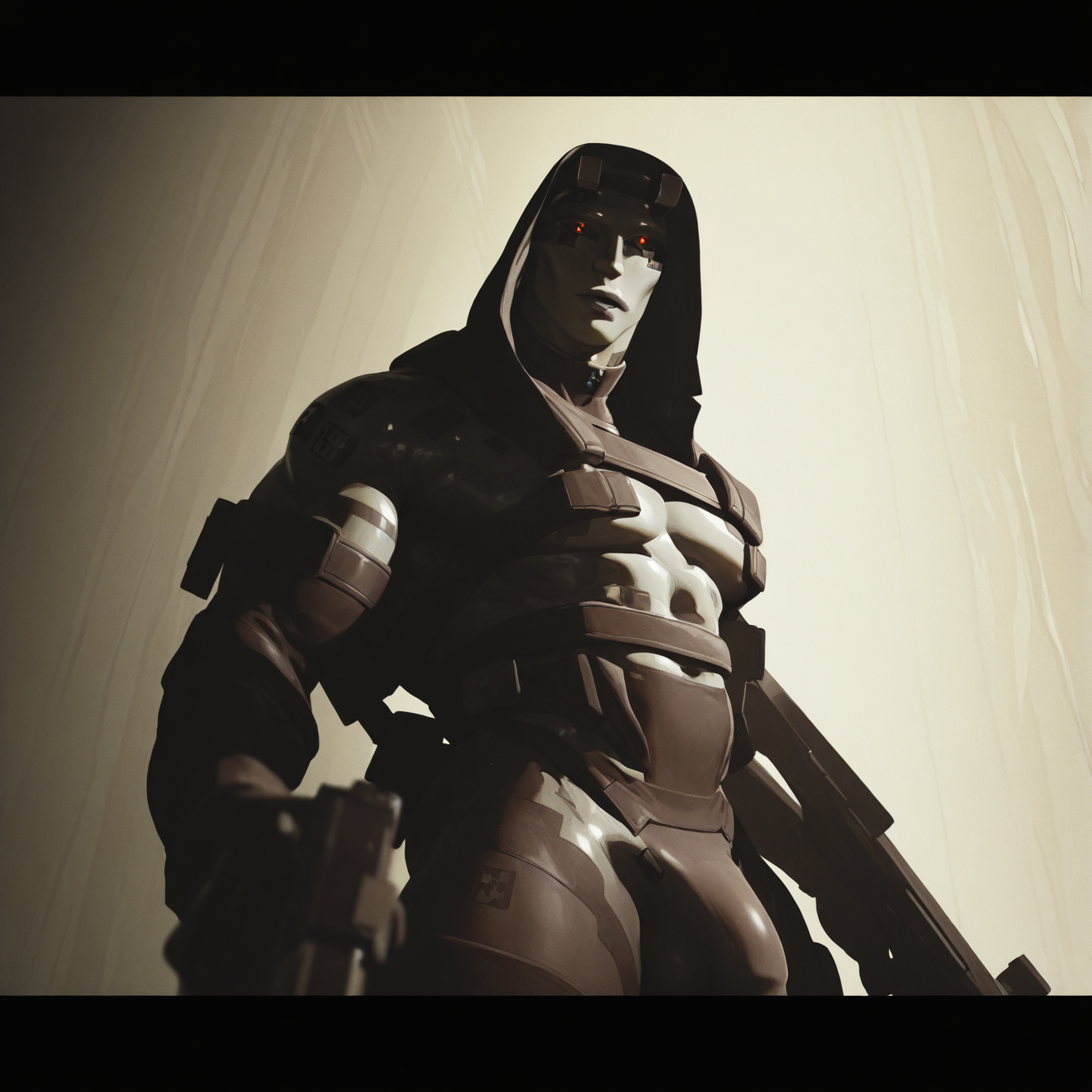 <lora:VOID:1.4> void, solo, (square iris:2), looking at viewer, 1boy, gloves, red eyes, holding, jacket, upper body, male focus, weapon, big pectorals, abs, bara, thick thighs, (from side), <lora:bulge:1> big bulge, parted lips, hood, holding weapon, vest, black jacket, gun, glowing, robot, holding gun, letterboxed, hooded jacket, glowing eyes, hood up, colored sclera, science fiction, realistic, android, photo background, humanoid robot, metal skin, orange eyes, tattoo, colored skin, black sclera, assault rifle, finger on trigger, dynamic perspective, detailed background, motion blur, film grain, abstract, natural lighting, fantasy, cinematic, dynamic view, tilted angle, very awa, masterpiece, best quality, absurdres, newest, perfect quality, detailed background, intricate details, (artist:fl \(l-fl\):0.7), (artist:tooboshoo:0.7), (artist:dizdoodz:0.8)