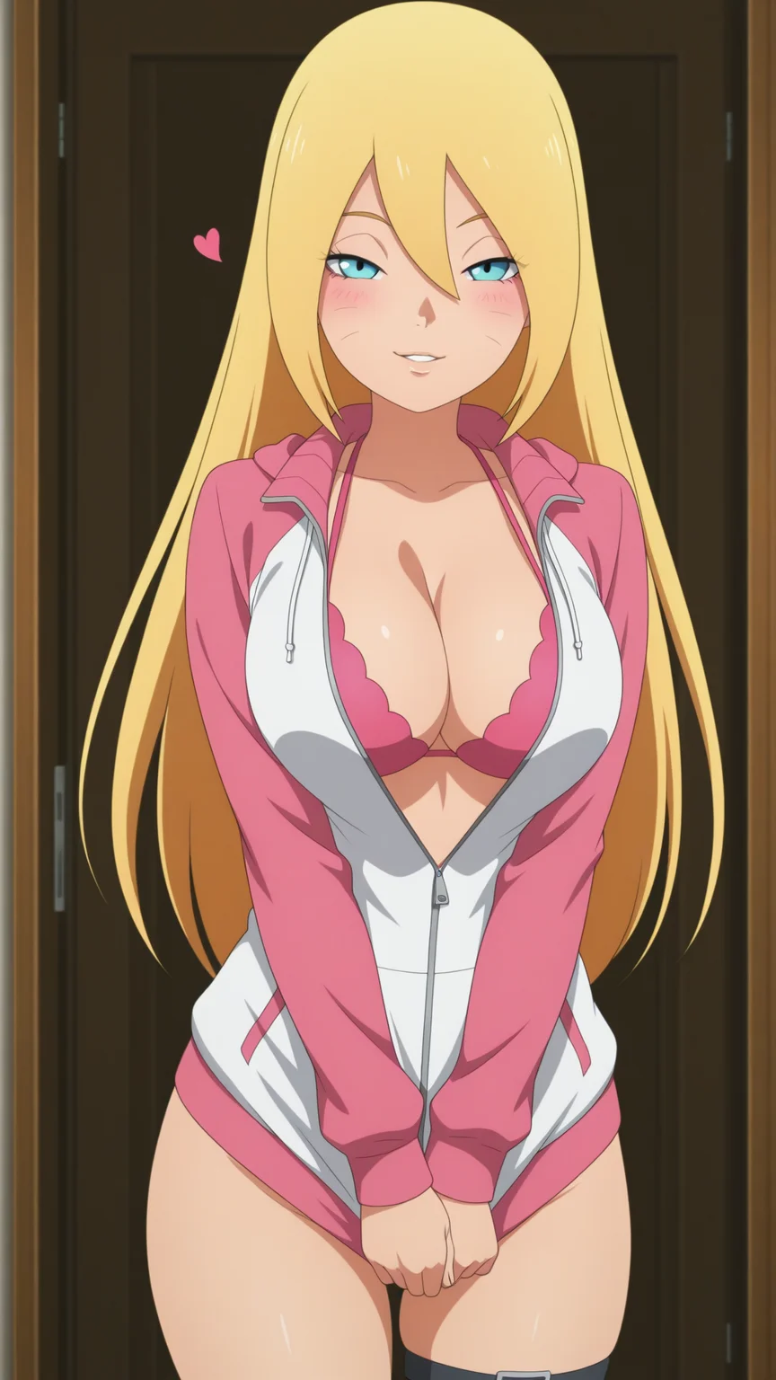 anime coloring, highres, anime screenshot, dramatic lighting, intricate details, masterpiece, best quality, absurdres, depth, ((official style)), Boruko_XL, whisker markings, whiskers, facial mark, hair between eyes, blonde hair, 1girl, solo, breasts, looking at viewer, blush, lips, parted lips, smile, long sleeves, cleavage, large breasts, jacket, swimsuit, heart, bikini, thigh strap, smile, seductive smile, bandages, genderswap, covering privates, bikini top only, genderswap (mtf), smoke, zipper, unzipped, covering crotch, shirt tug, underwear, open clothes, bra, partially unzipped, <lora:Boruko_XL-15:0.9>