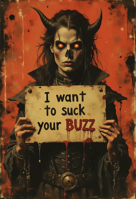 A gothic vampire holding a sign, dripping blood, that says 'I want to suck your BUZZ'