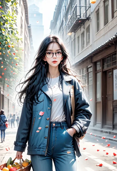 1girl, solo, long hair, looking at viewer, black hair, long sleeves, holding, standing, jacket, outdoors, parted lips, food, glasses, day, pants, bag, from side, lips, coat, petals, fruit, denim, ground vehicle, building, black-framed eyewear, jeans, city, realistic, nose, basket, road, street, blue coat, alley