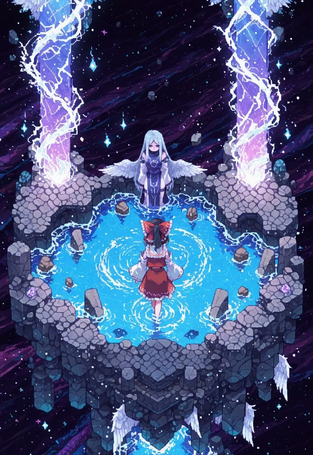 masterpiece, best quality,
isometric,patch,pixel_art, (detailed),
sdxl_lightning_4step_lora_rank1,
PARADOX PARALLAX, SCENERY, FROM ABOVE, ABOVE ABYSS, FLOATING ROCKS, RUNIC,
2girl, multiple girls, multiple different girls, 2 different girls,
(1girl. Sariel, six wings, six Angel wings, at the top),
(1girl. Hakurei Reimu. at the bottom),
(wide shot:1.2), long shot, depth of field,
xxx667_illu, glowing, glitch