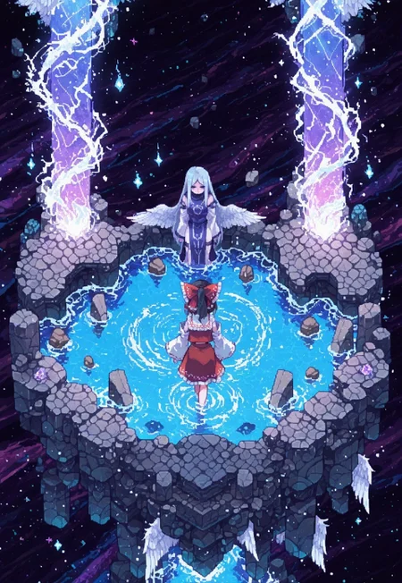 masterpiece, best quality,
isometric,patch,pixel_art, (detailed),
sdxl_lightning_4step_lora_rank1,
PARADOX PARALLAX, SCENERY, FROM ABOVE, ABOVE ABYSS, FLOATING ROCKS, RUNIC,
2girl, multiple girls, multiple different girls, 2 different girls,
(1girl. Sariel, six wings, six Angel wings, at the top),
(1girl. Hakurei Reimu. at the bottom),
(wide shot:1.2), long shot, depth of field,
xxx667_illu, glowing, glitch