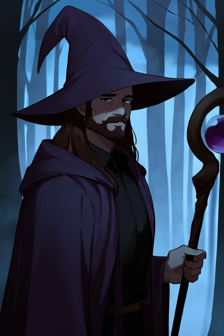 masterpiece, best quality, highres, newest, low light, dark, 1boy, solo, male focus, mature male, wizard, long hair, brown hair, black eyes, looking at viewer, hat, facial hair, beard, mustache, staff, wizard hat, purple hat, black shirt, collared shirt, robe, purple robe, hooded cloak, holding, holding staff, upper body, closed mouth, standing, outdoors, forest, nature, tree, fog, dark background <lora:Ani-B - Night [LoRA] - NoobAI-XL EPS 1.0:0.8>
