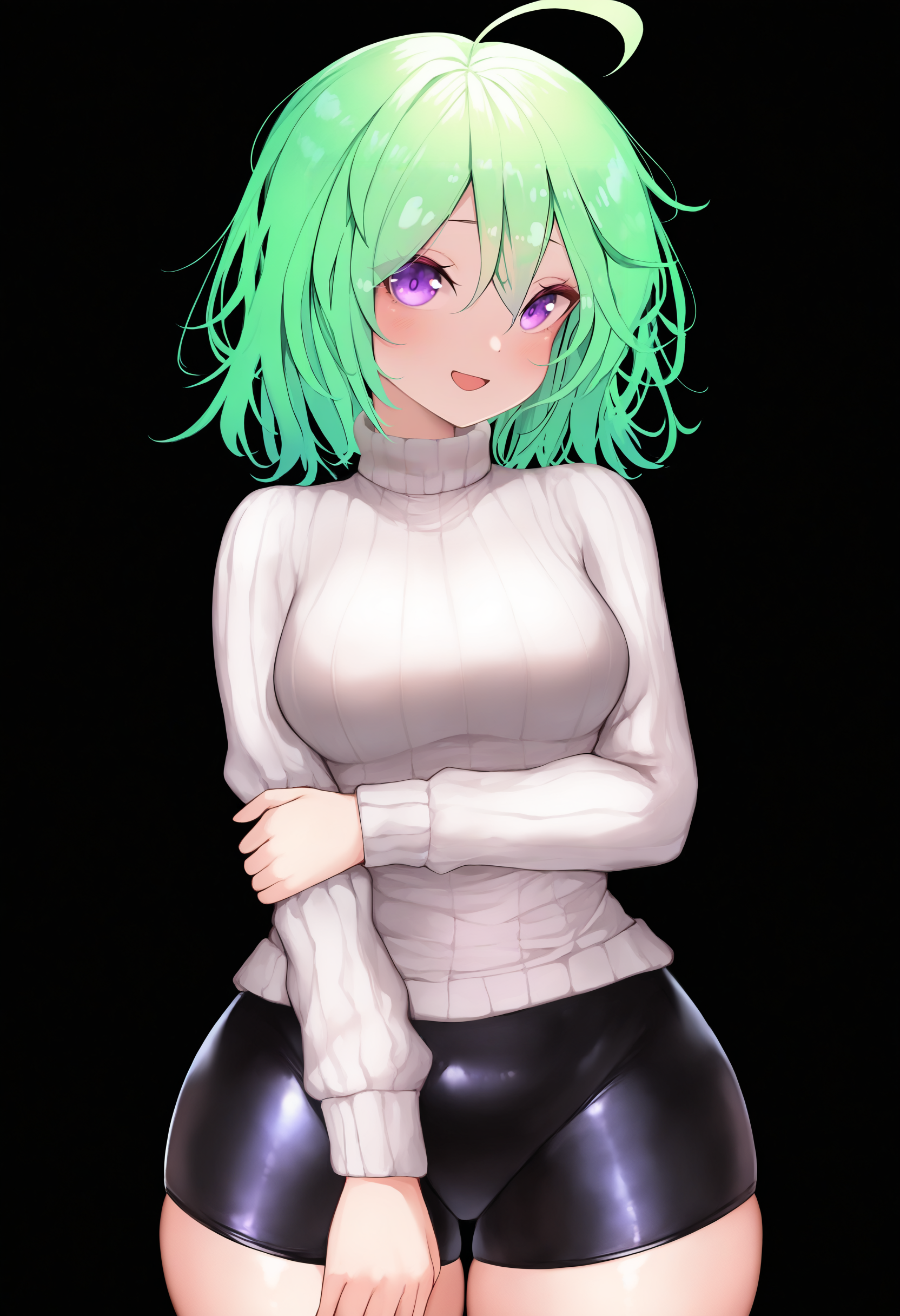 masterpiece, best quality, 1girl,
solo, small breasts, wide hips, thick thighs, shorts, curvy, shiny clothes, turtleneck sweater, green hair, cowboy shot, turtleneck, blush, purple eyes, medium hair, ribbed sweater, smile, white sweater, closed mouth, thighs, breasts, open mouth, bike shorts, black background, arm under breasts, eyes visible through hair, looking at viewer, standing, hand on own arm, ahoge, long sleeves   <lora:bbolalus:1>