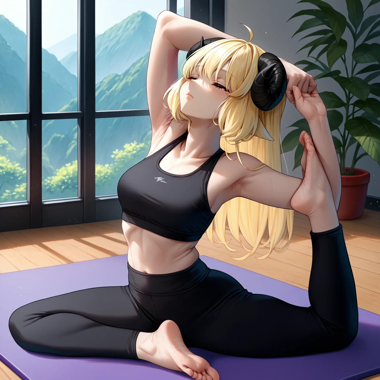 score_9, score_8_up, score_7_up, pigeon pose, stretching, flexible, exercise, plantar flexion, arms up, own hands together, <lora:PigeonPose_pdxl_Incrs_v1:1>, 1girl, feet, <lora:ChamTsunomakiWatamePonyXL:1> TsunomakiWatame, horns, long hair, ahoge, yoga pants, yoga mat, yoga, black sports bra,